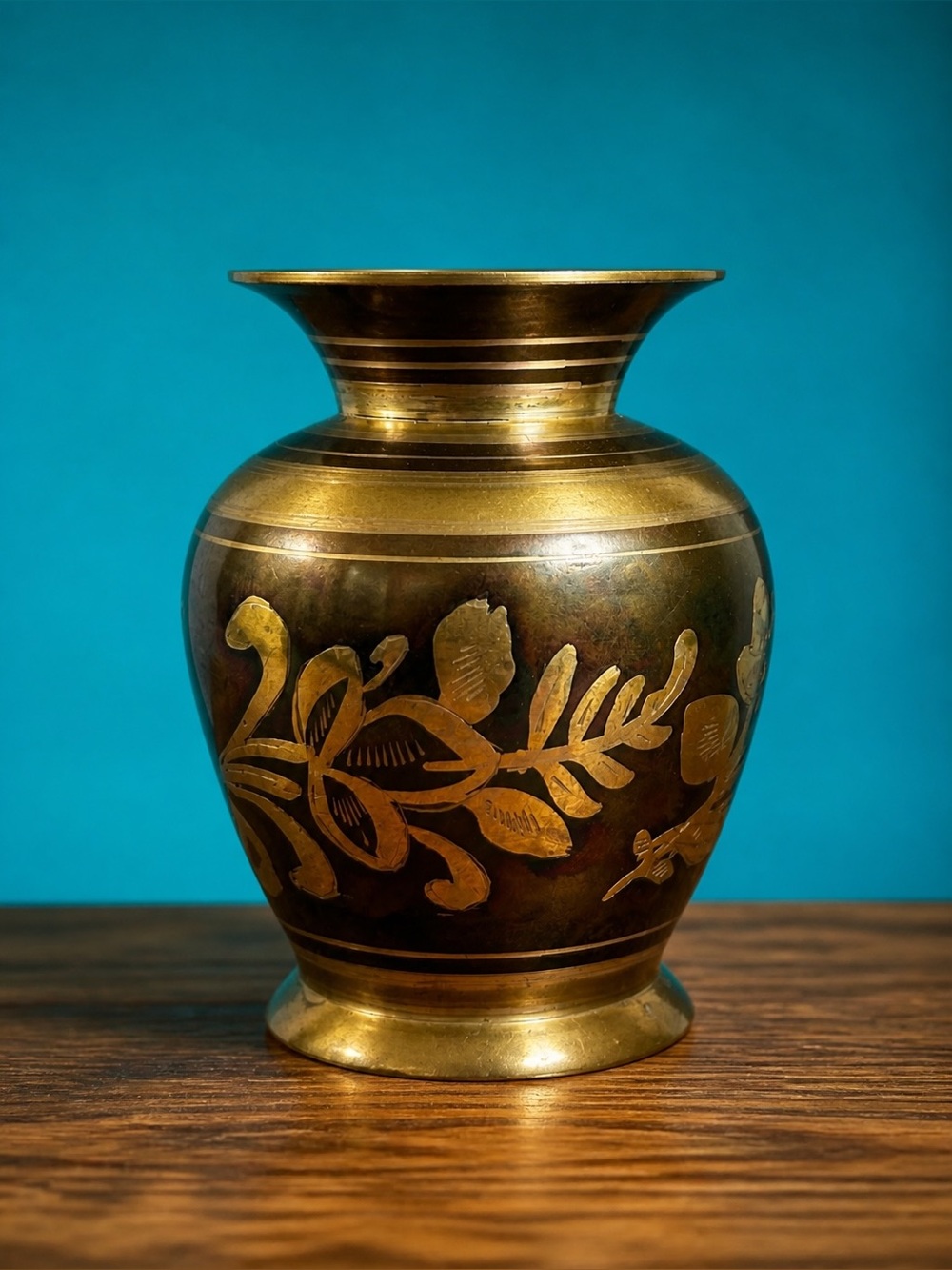 Vintage Small Squat Engraved Floral Brass Vase